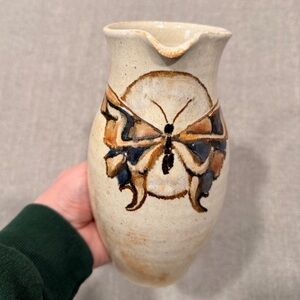 Hand Thrown Studio Pottery Pitcher Butterfly Motif Signed‎ Stoneware
